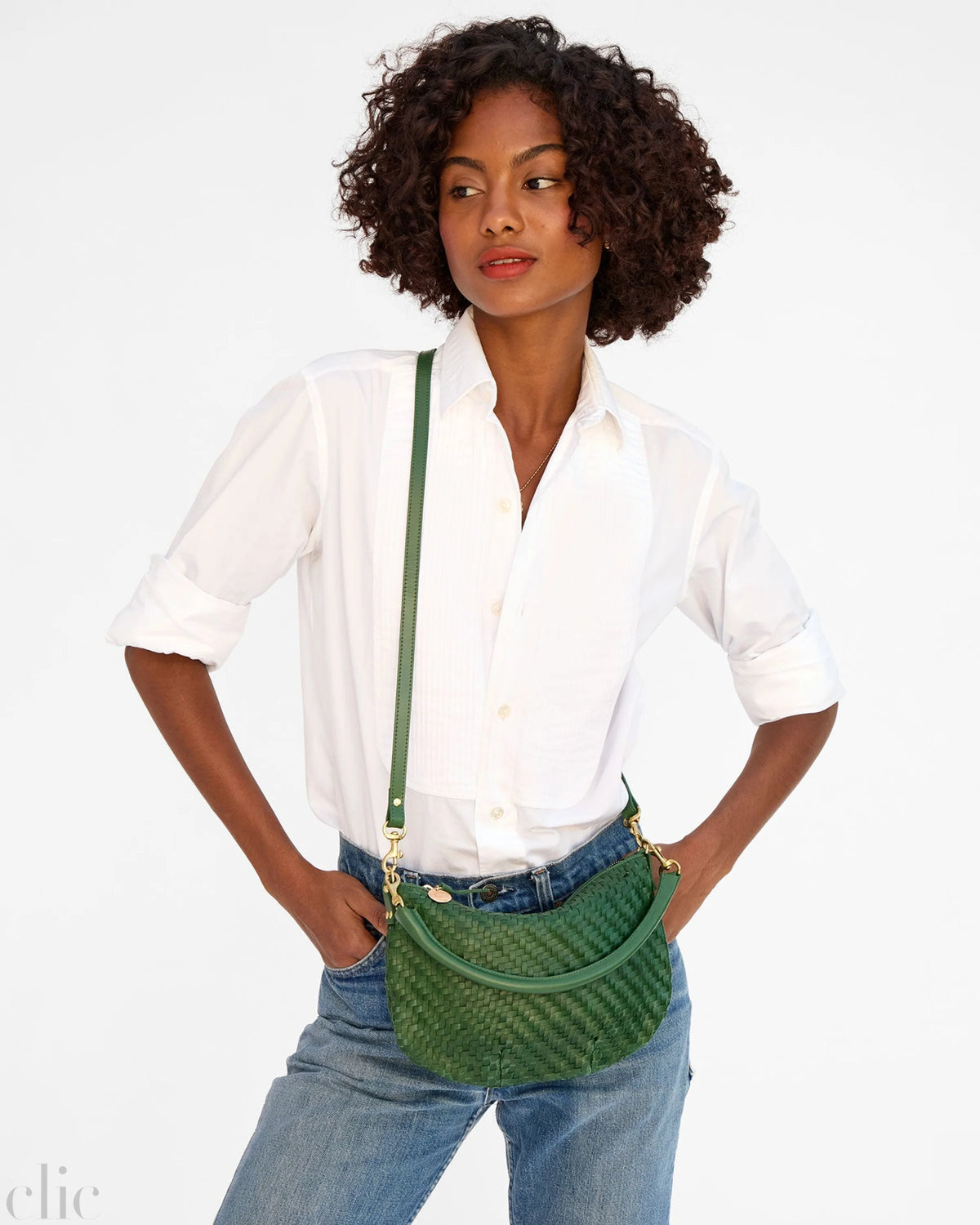 Petit Moyen Messenger Bag in Evergreen Woven Zig-Zag, from Clare V