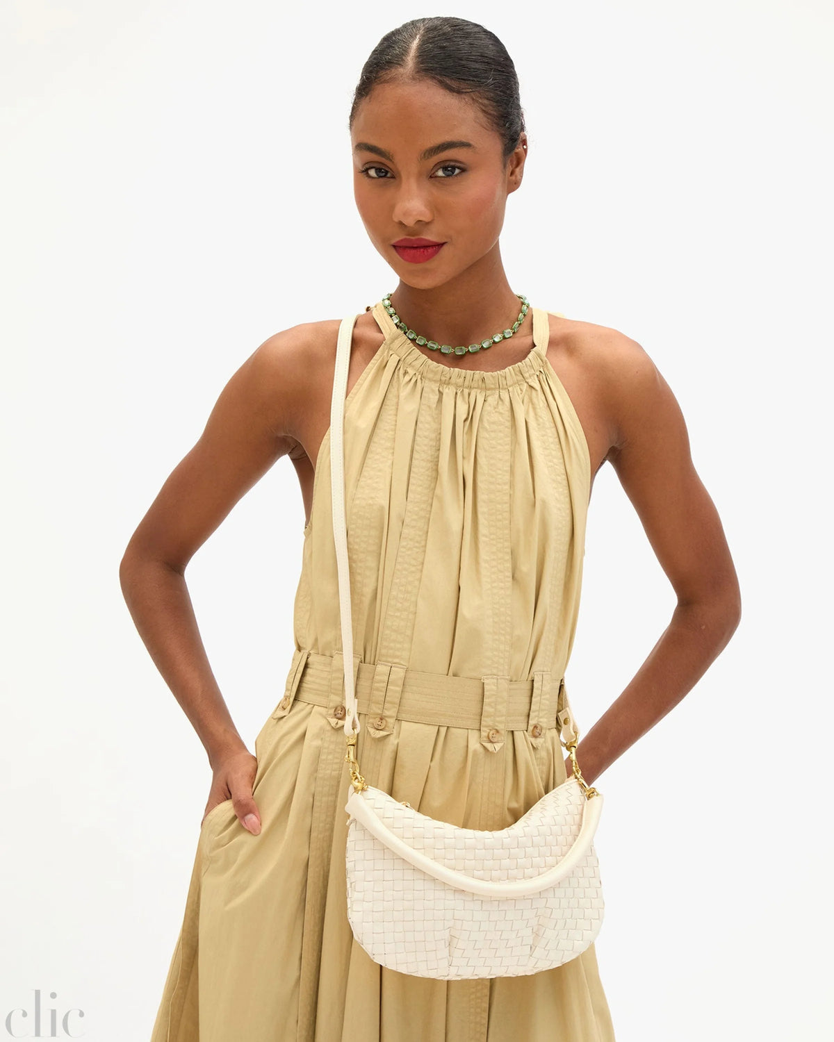 Petit Moyen Messenger Bag in Cream Woven Checker, from Clare V