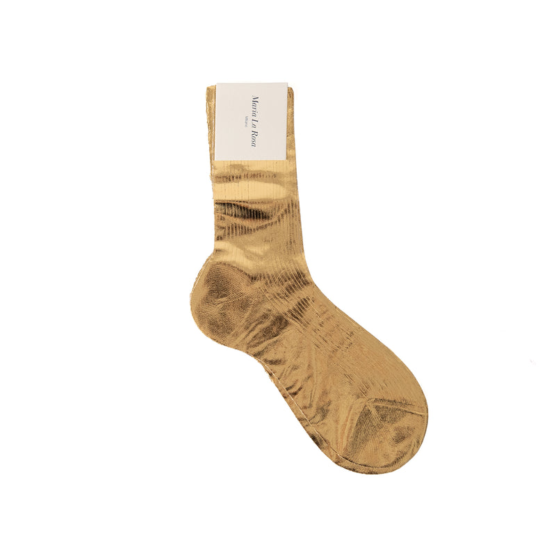 Ribbed Laminated Silk Socks in Gold, from Maria La Rosa