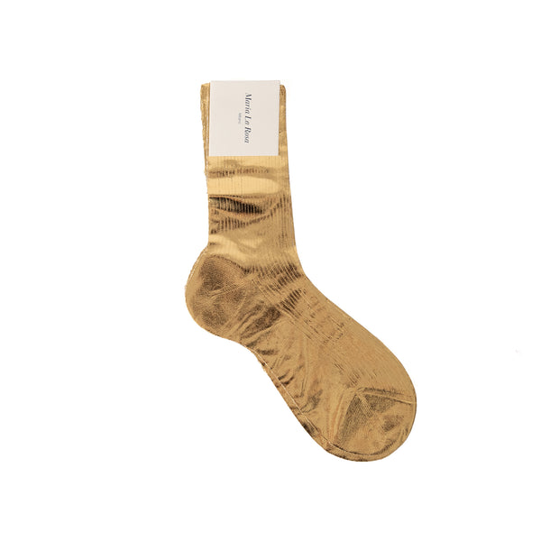 新品＊Maria La Rosa＊靴下＊ソックス＊ゴールド＊メタリック＊シルク Ribbed Laminated Silk Socks in Gold, from Maria La Rosa