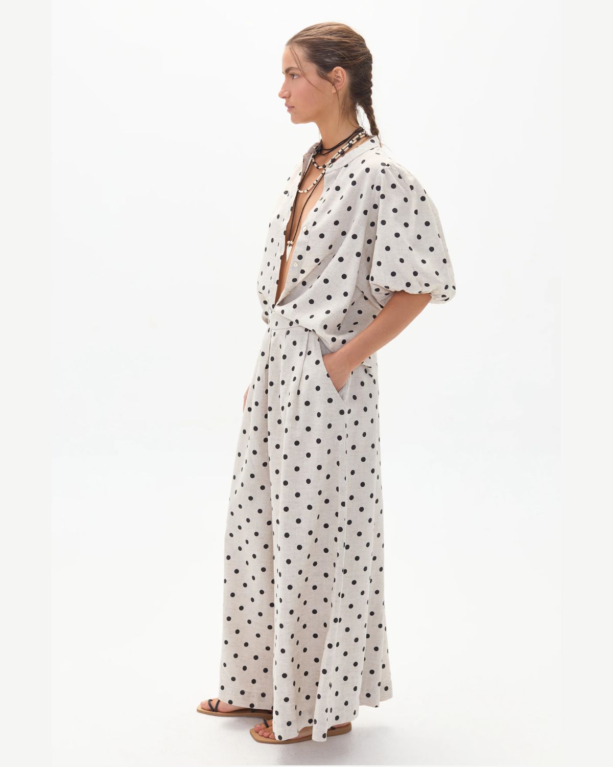 Sabi Linen Pants in Natural & Black Polka Dots, from Lanhtropy 