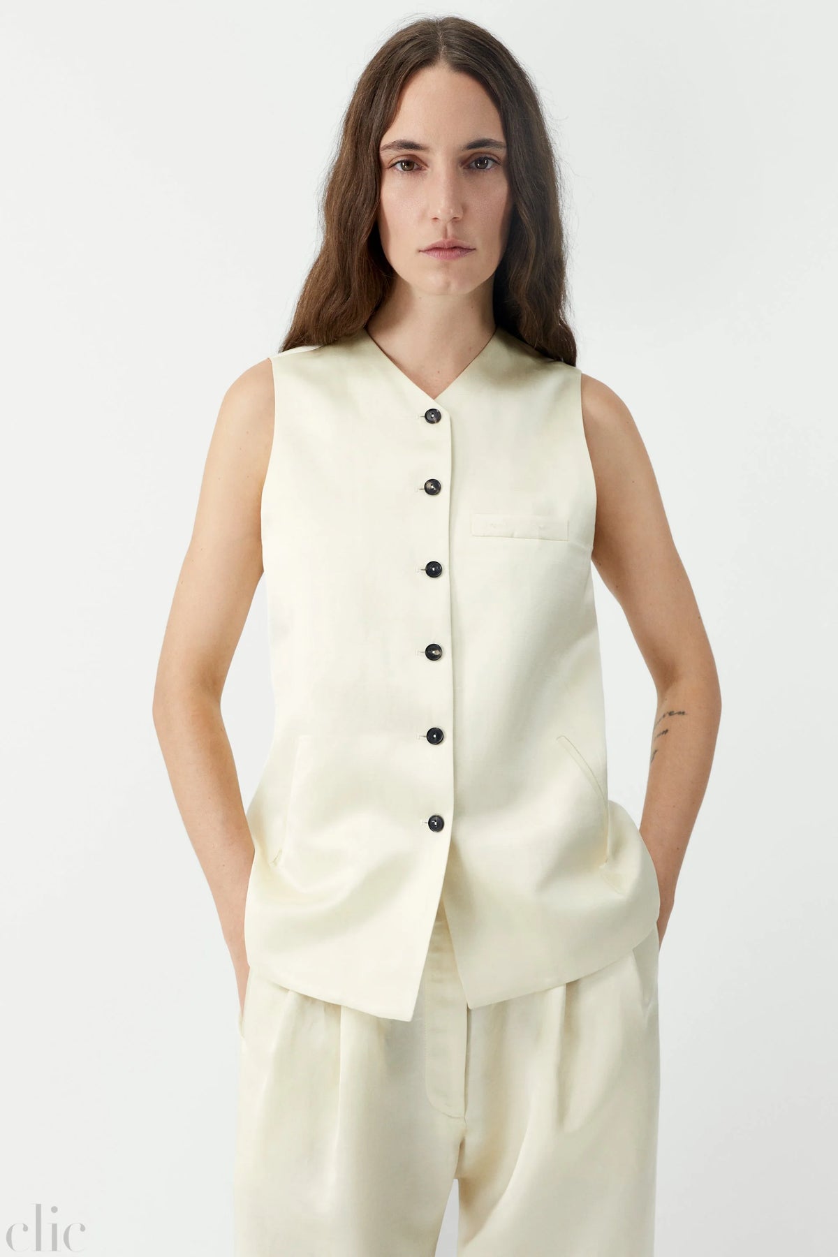 Satin Tailored Vest in Marfil, from Cordera