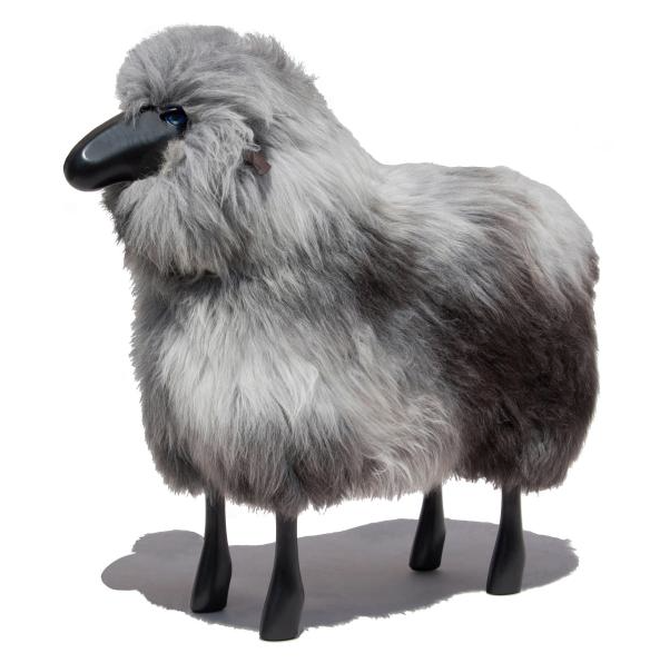 Life Sized Sheep Stool in Grey Brown Fur and Black Wood