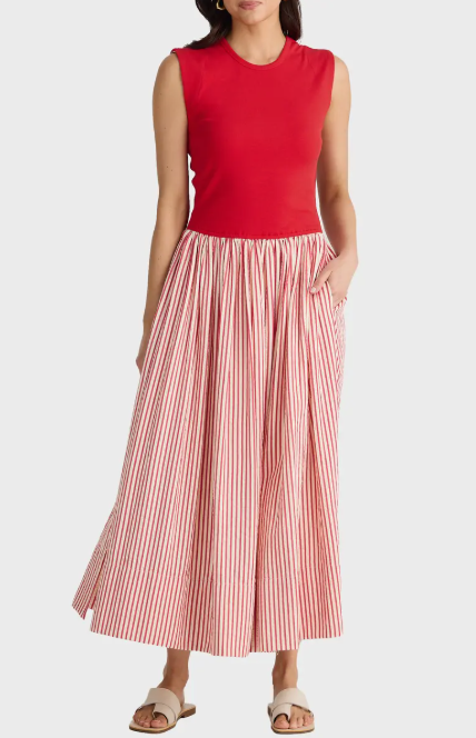 Daphne Dress in White with Red Stripe, from Brave + True