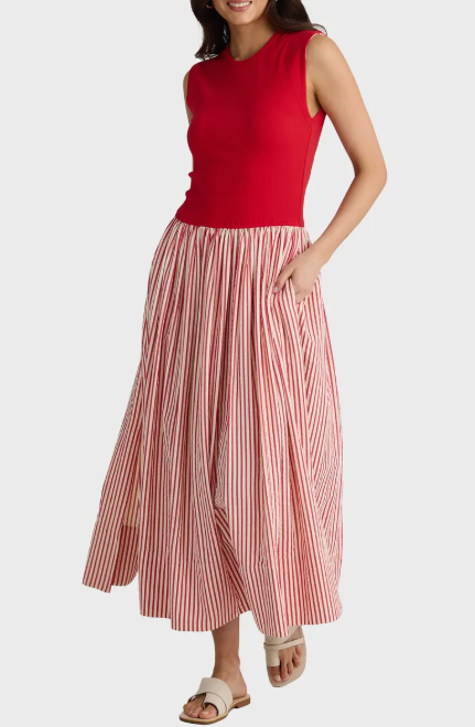Daphne Dress in White with Red Stripe, from Brave + True