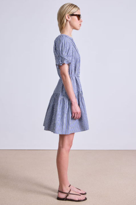 Marza Mini Dress in Skinny Stripes Indigo + Cream, from Apiece Apart
