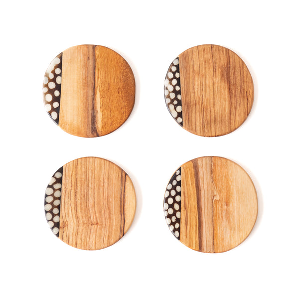 Set of 4 Kenyon Wild Olive Wood Coasters with Dyed Bone, from Swahili African Modern