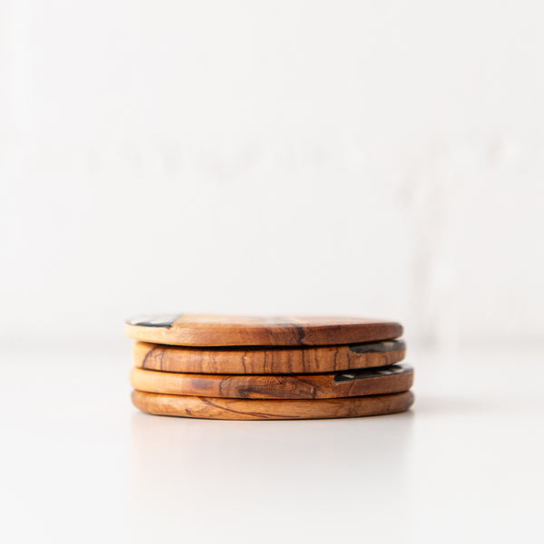 Set of 4 Kenyon Wild Olive Wood Coasters with Dyed Bone, from Swahili African Modern