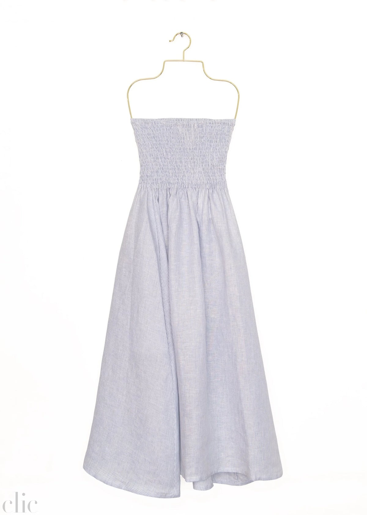 Shirred Tube Midi Dress in Sea Blue Stripe, from Nary