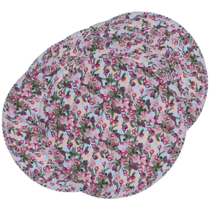 Set of Six Round Placemats in Romace is Dead Blue from, Sophie Williamson Design