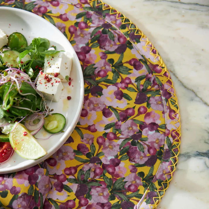 Set of Six Round Placemats in Romace is Dead Yellow, from, Sophie Williamson Design