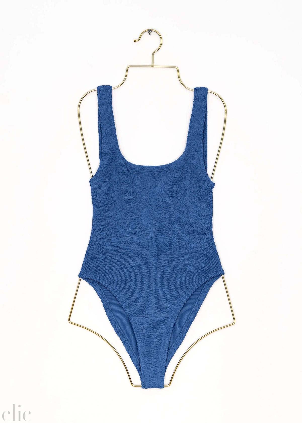 Square Neck Swim in Metallic Denim, from Hunza G