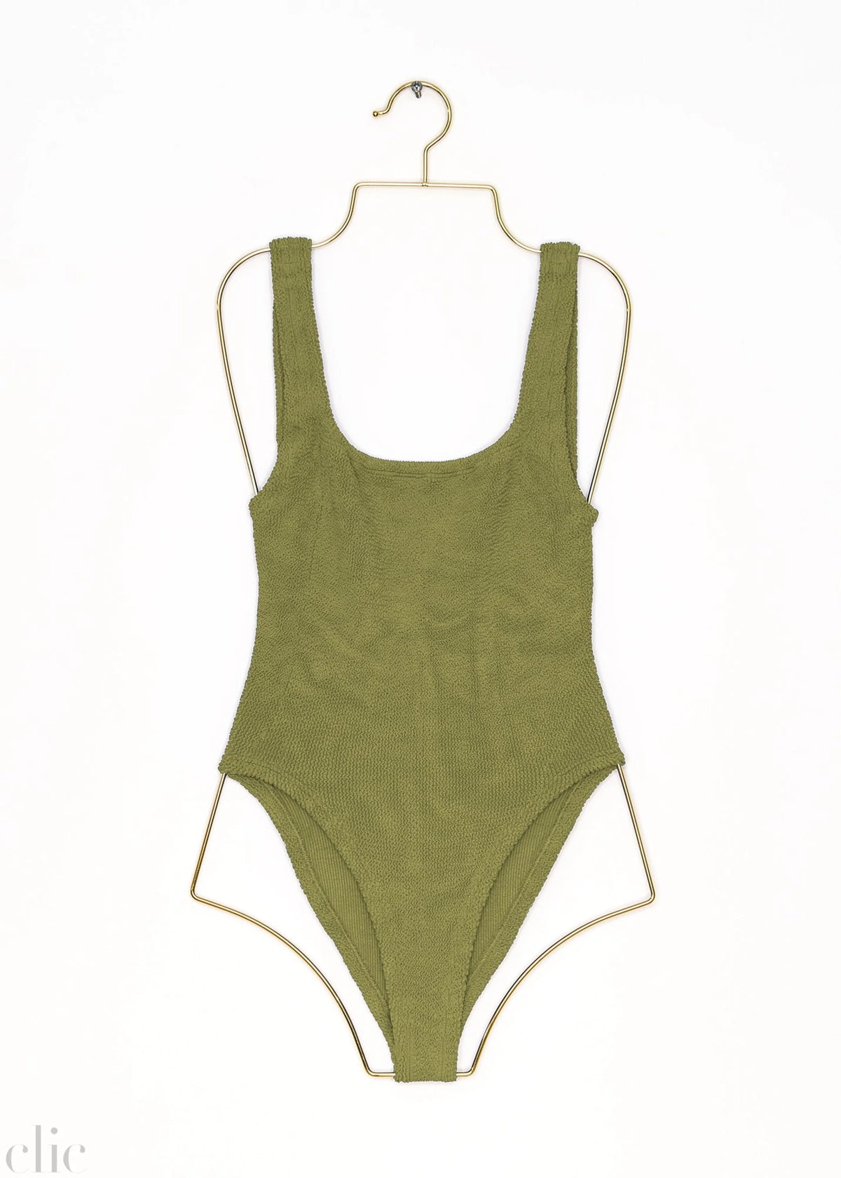 Square Neck Swimsuit in Metallic Moss, from Hunza G