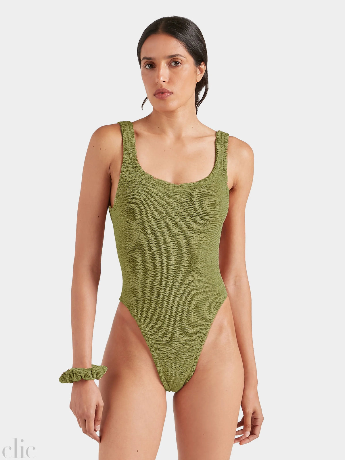 Square Neck Swimsuit in Metallic Moss, from Hunza G