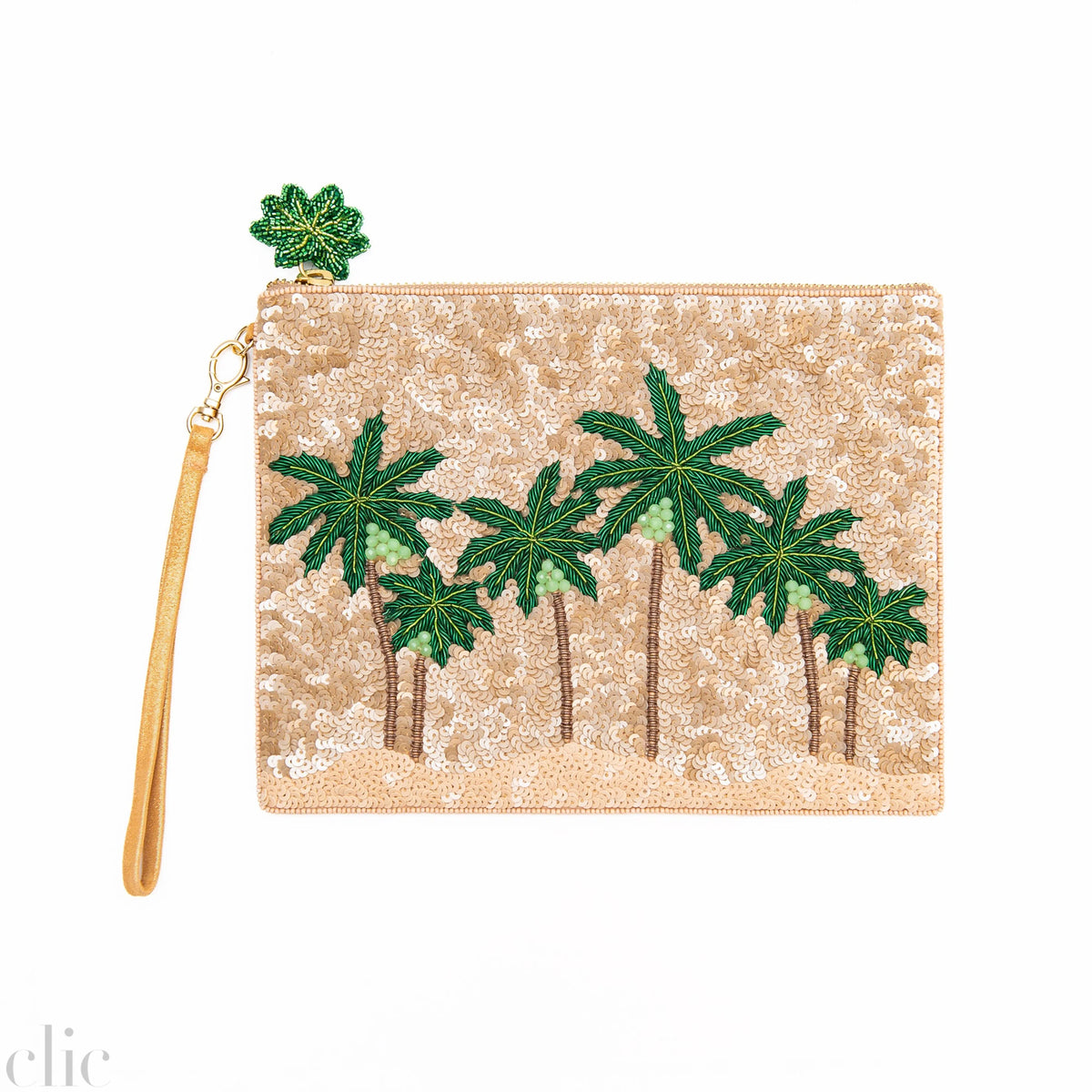 Palm Tree Sequins Pouch in Beige, from Olivia Dar