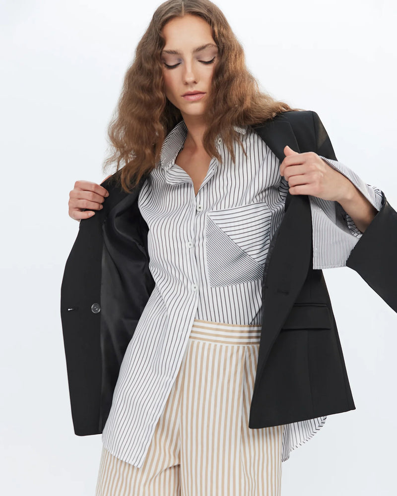 Echo Side Button Boyfriend Stripe Shirt in Black, from Theo the Label