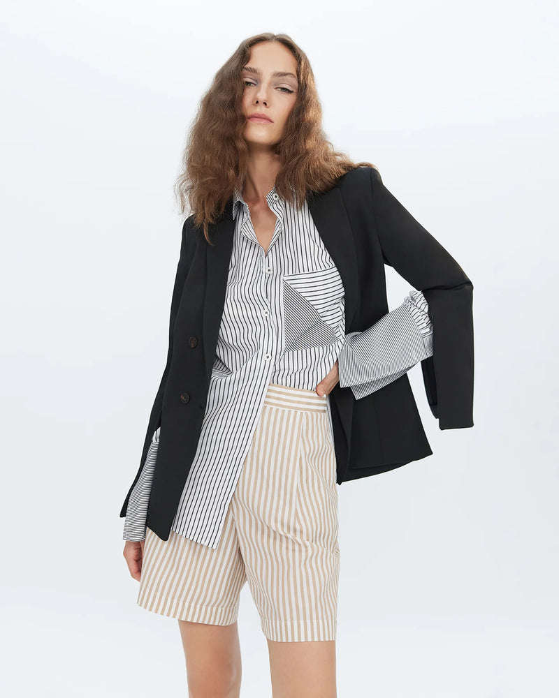 Echo Side Button Boyfriend Stripe Shirt in Black, from Theo the Label