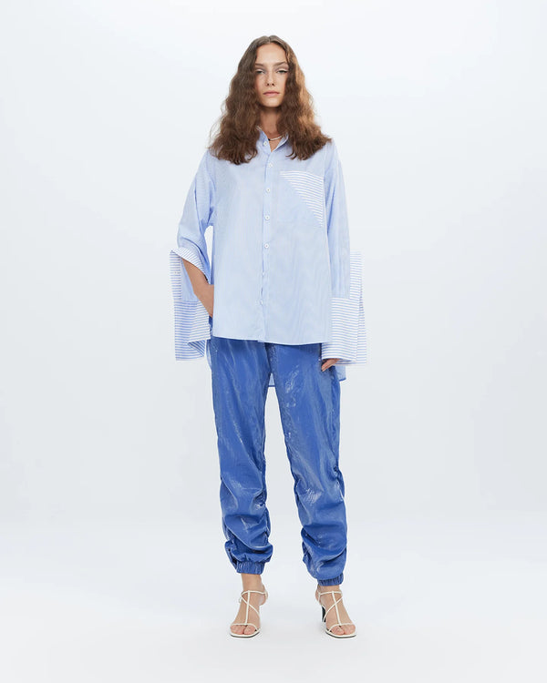 Echo Side Button Boyfriend Stripe Shirt in Sky Blue, from Theo the Label