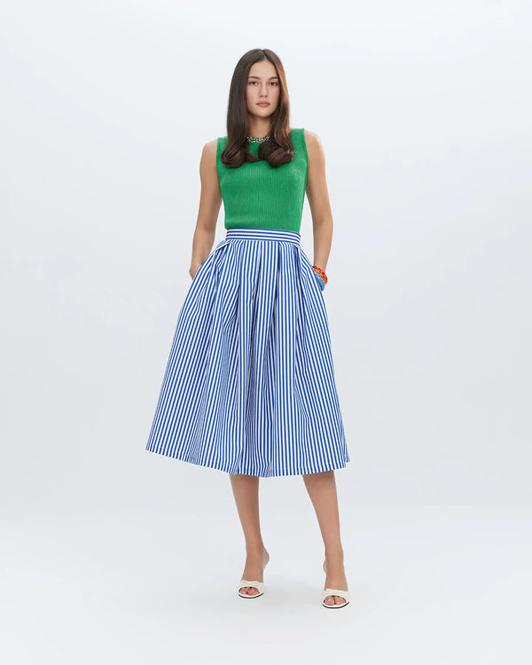 Echo Box Pleated Striped Midi Skirt in Palace Blue, from Theo The Label