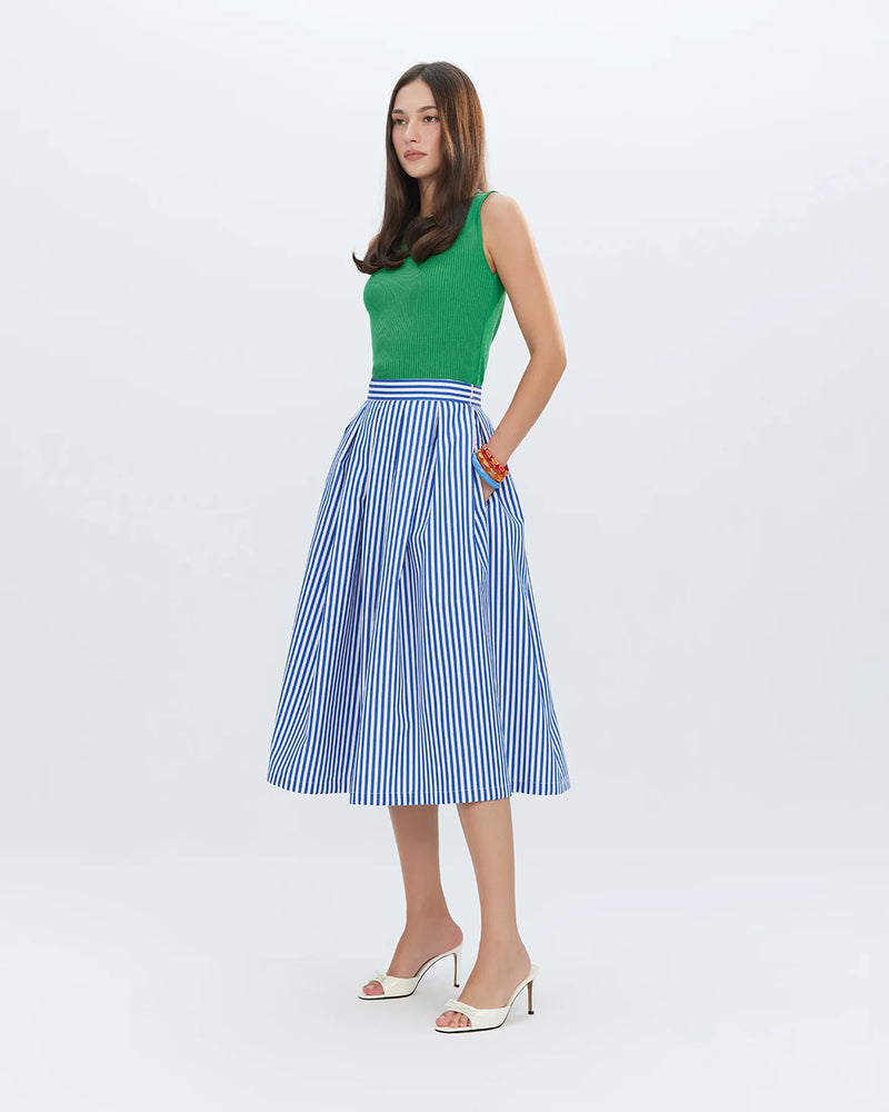 Echo Box Pleated Striped Midi Skirt in Palace Blue, from Theo The Label