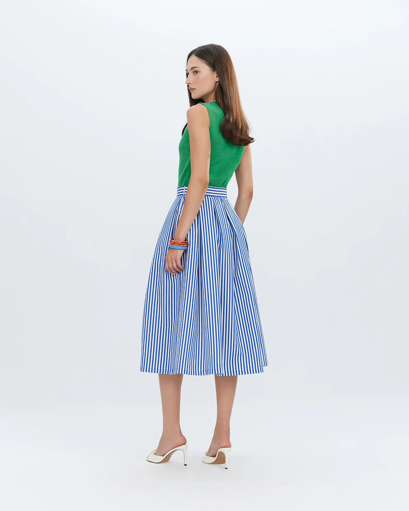 Echo Box Pleated Striped Midi Skirt in Palace Blue, from Theo The Label