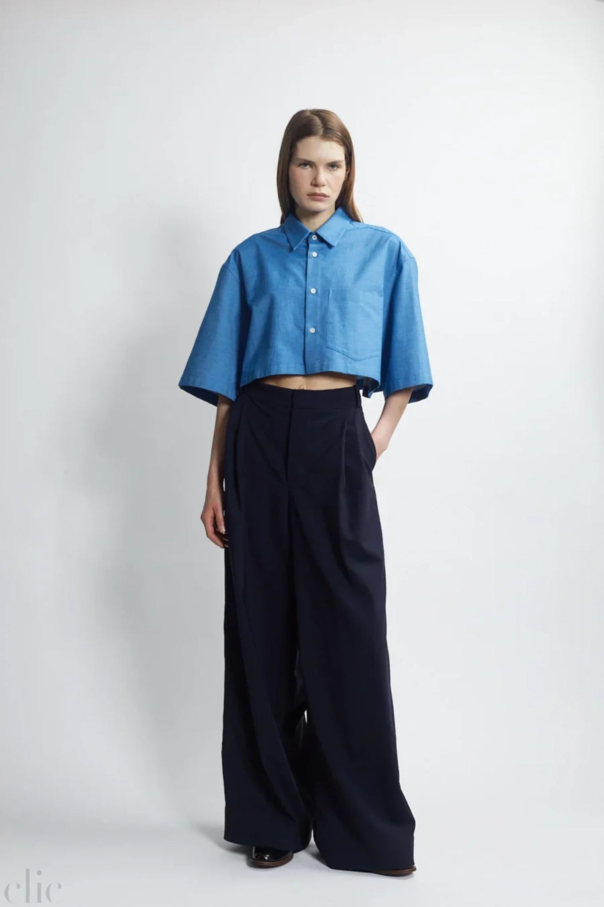 Double Pleated Trouser in Marine, from The Salting