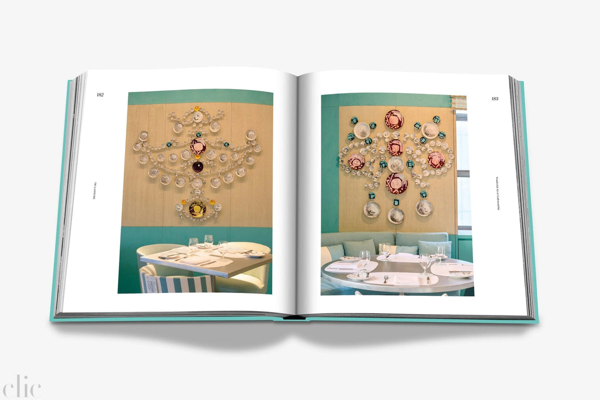 Open book showing interior design images of a room with decorative elements.