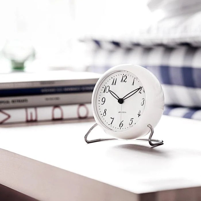 LK Table Clock in White, from Arne Jacobsen