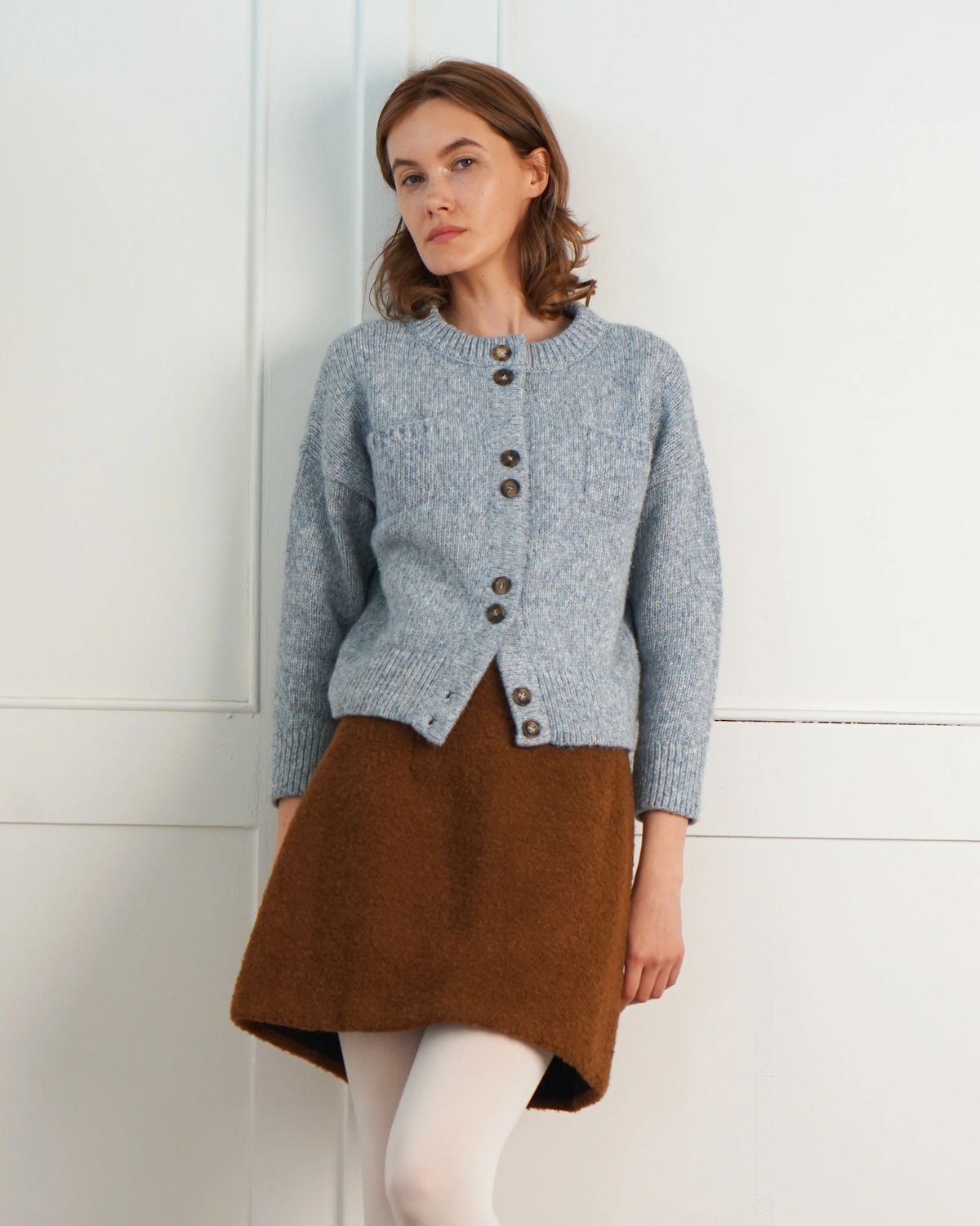 Double Button Cardigan in Sky Blue/Grey, from Proche