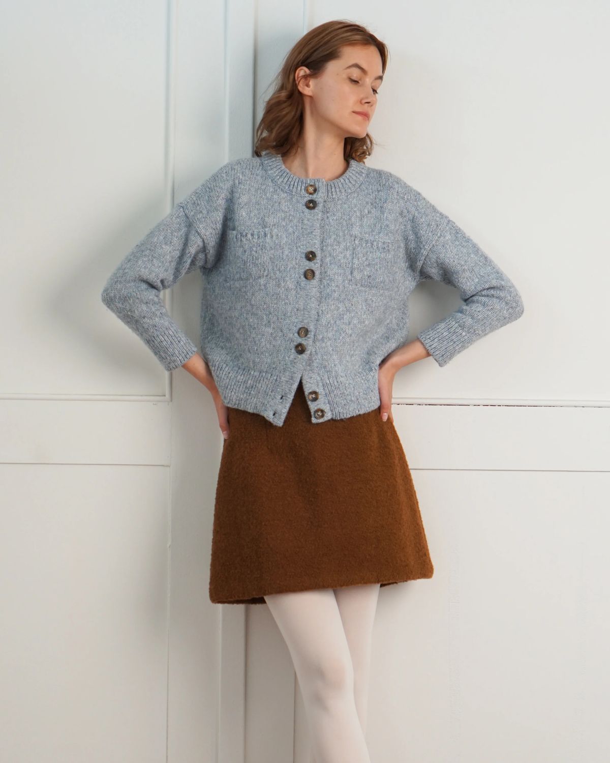 Double Button Cardigan in Sky Blue/Grey, from Proche