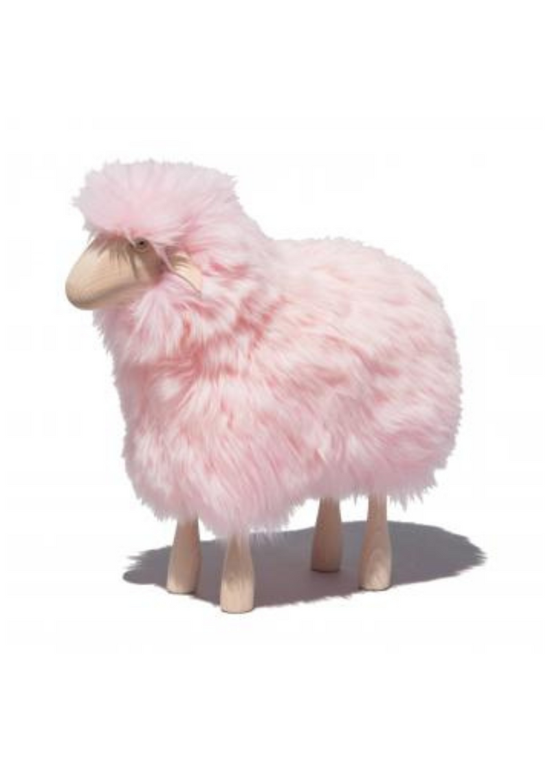Small Sheep Stool with Pink Fur and Beech Wood