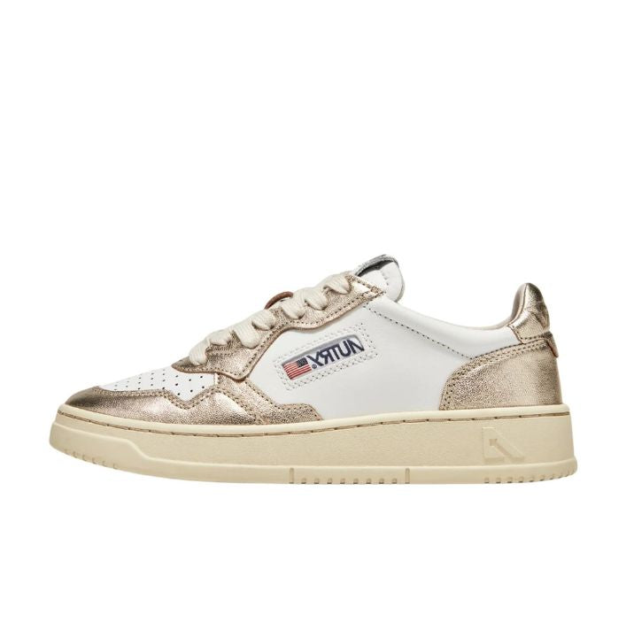 Medalist Low Sneaker in White and Platinum Leather, from Autry