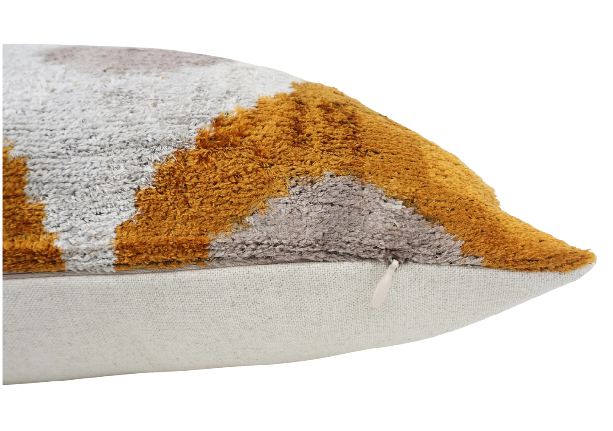 Handmade Ikat Silk Velvet Pillow in Gold Brown, from MD Home