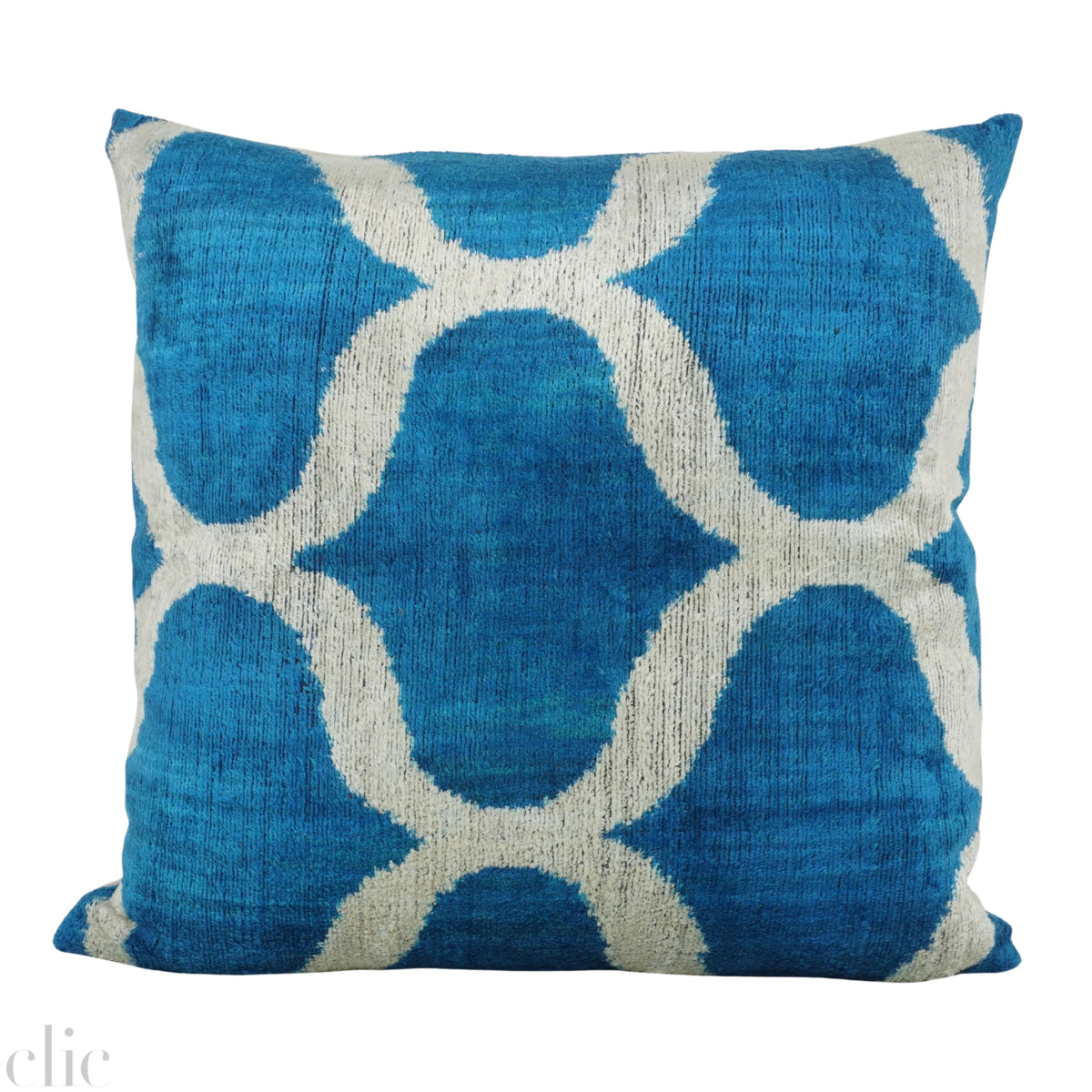 Ikat Silk and Velvet Pillow in Blue and White