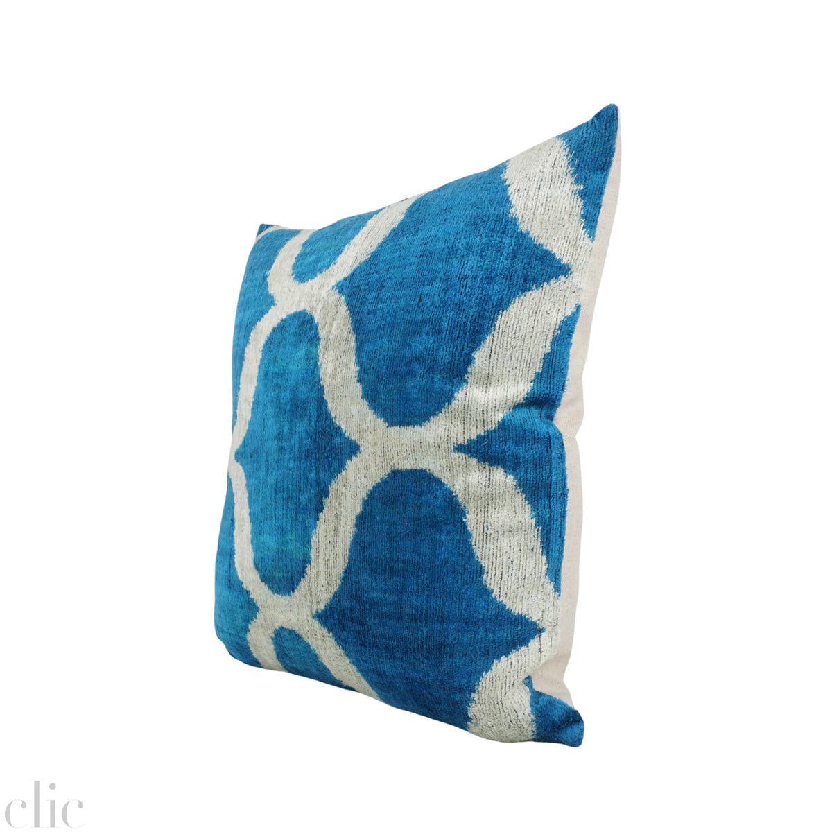 Ikat Silk and Velvet Pillow in Blue and White