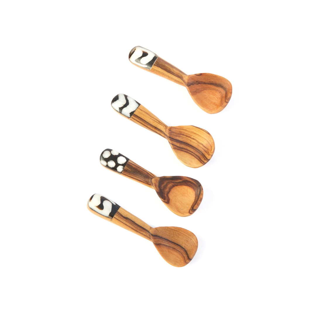 Set of 4 Cutest Wild Olive Wood and Bone Spice Spoons, from Swahili African Modern - From Clic