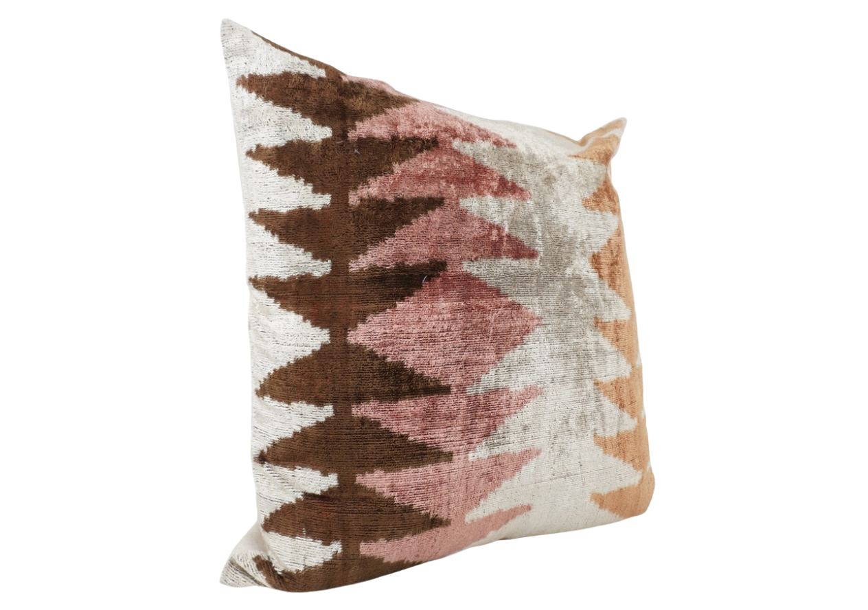 Handmade Ikat Silk Velvet Pillow in Brown Pink, from MD Home