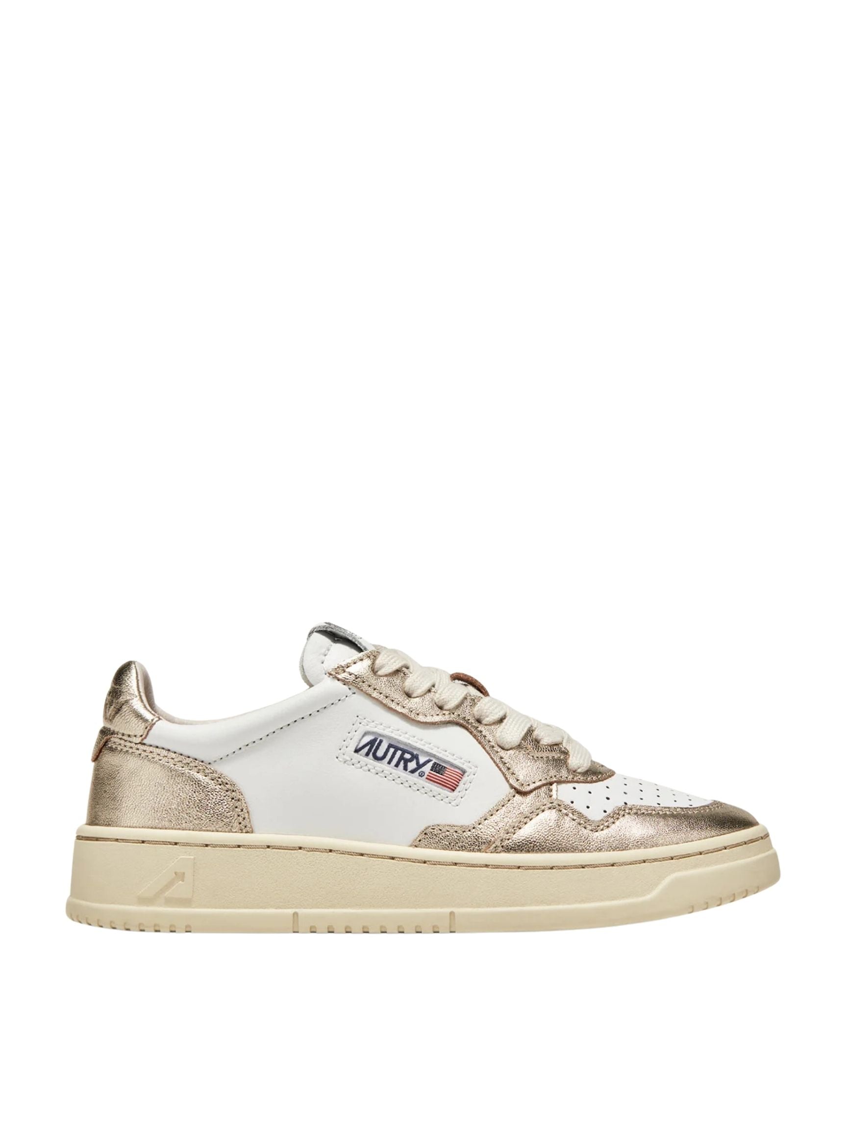 Medalist Low Sneaker in White and Platinum Leather, from Autry