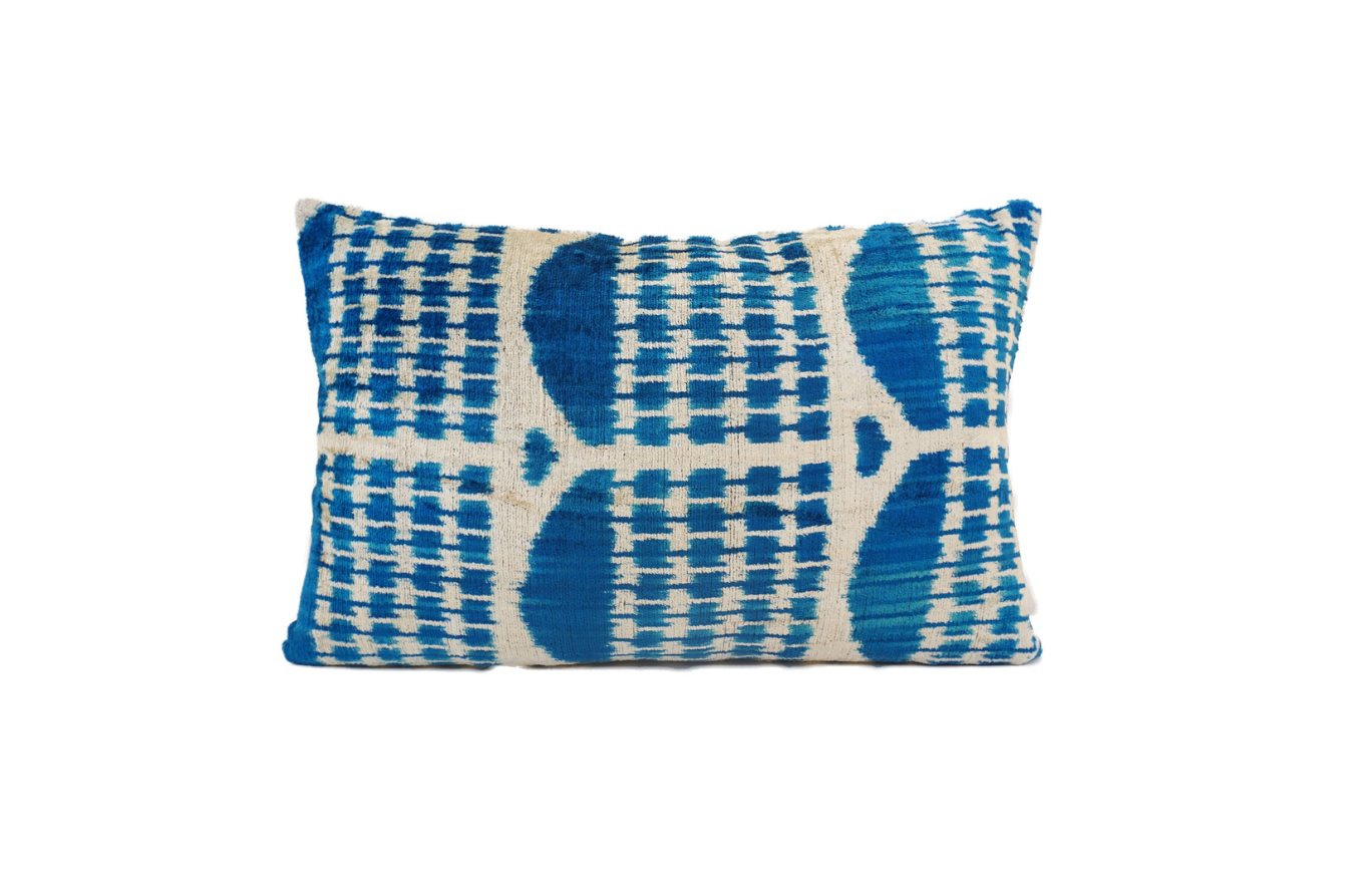 Ikat Silk Velvet Pillow in Fun Blue, from MD Home
