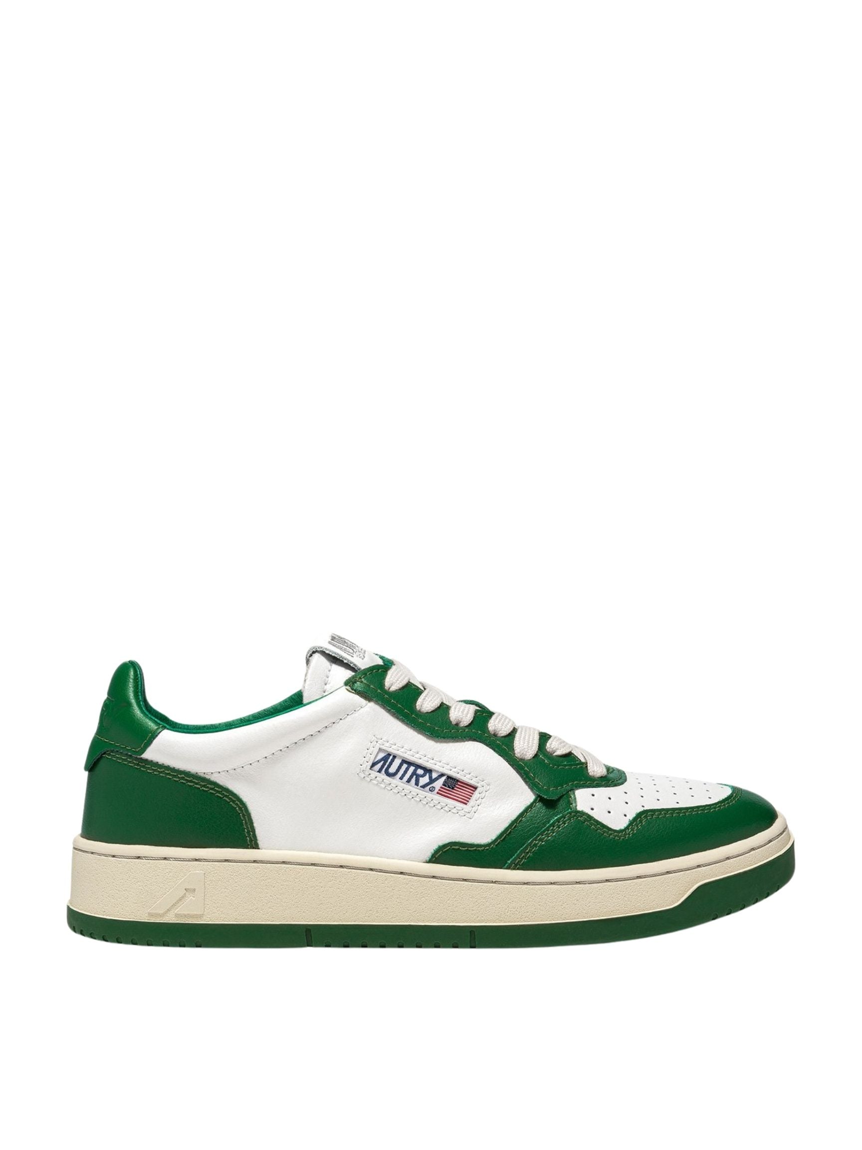 Medalist Low Sneakers in White and Green Leather, from Autry