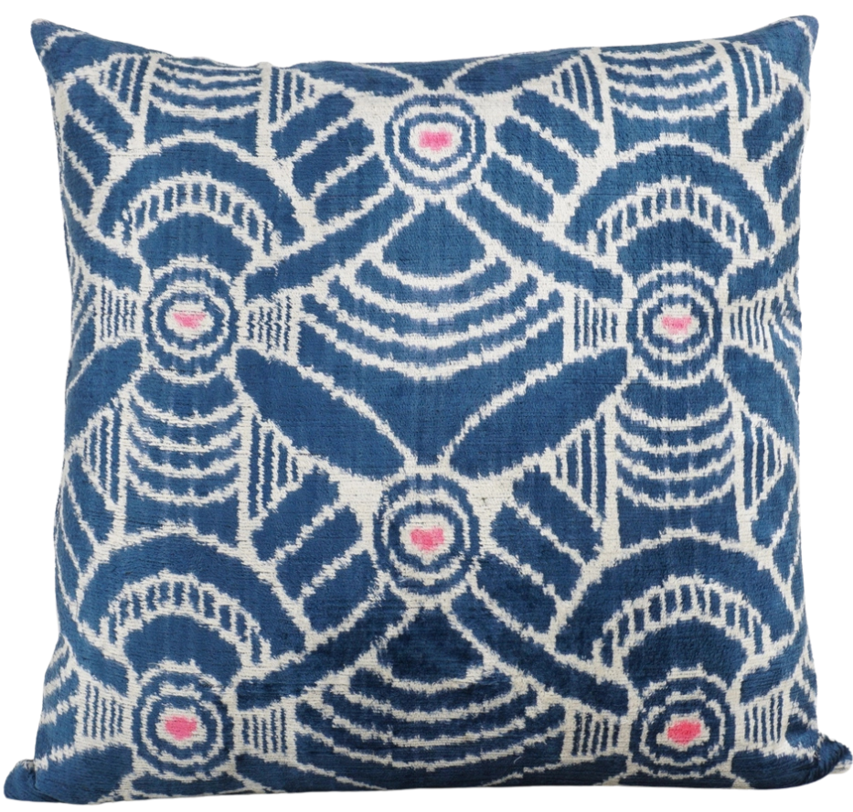 Ikat Silk and Velvet Pillow in Blue Pat, from MD Home