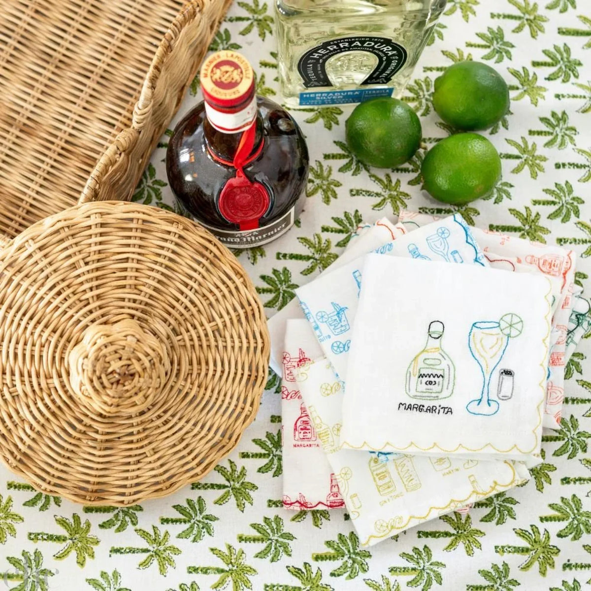 Set of 6 Mixed Drink Embroidered Linen Cocktail Napkins