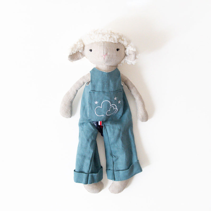 Blue Linen Sheep Plush with Overalls, from Mailou Tradition