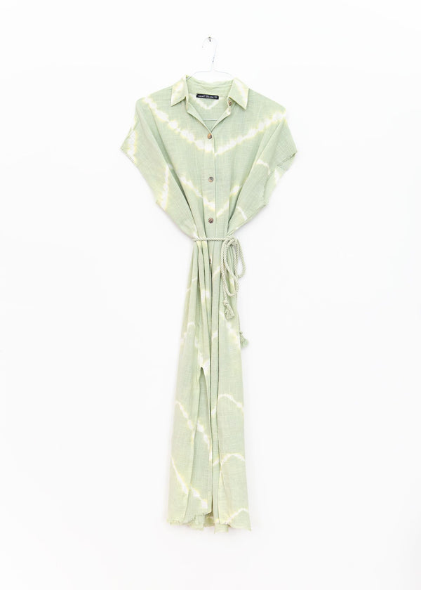 Mykonos Long Shirt Dress in Tie Dye Powder Green, from Maison Saint Julien