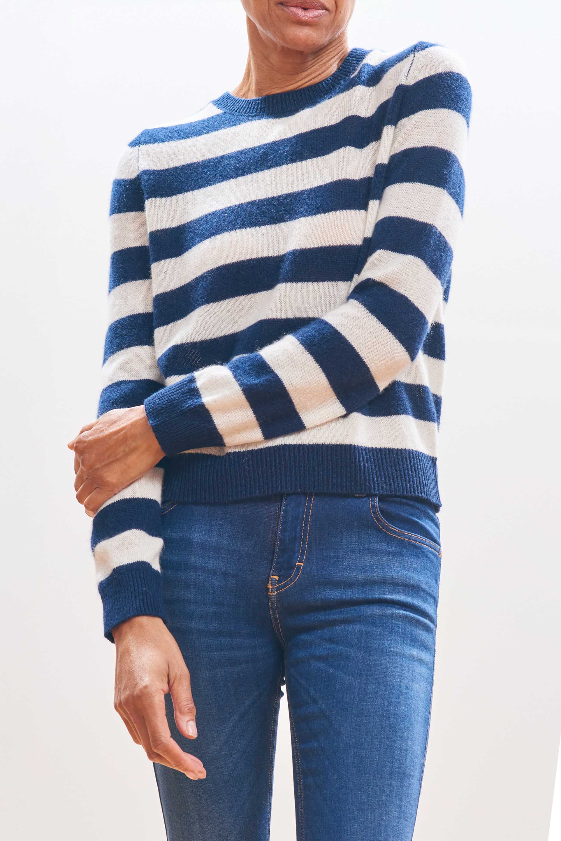Cashmere Stripe Crew in Navy Cloudy, from Jumper 1234