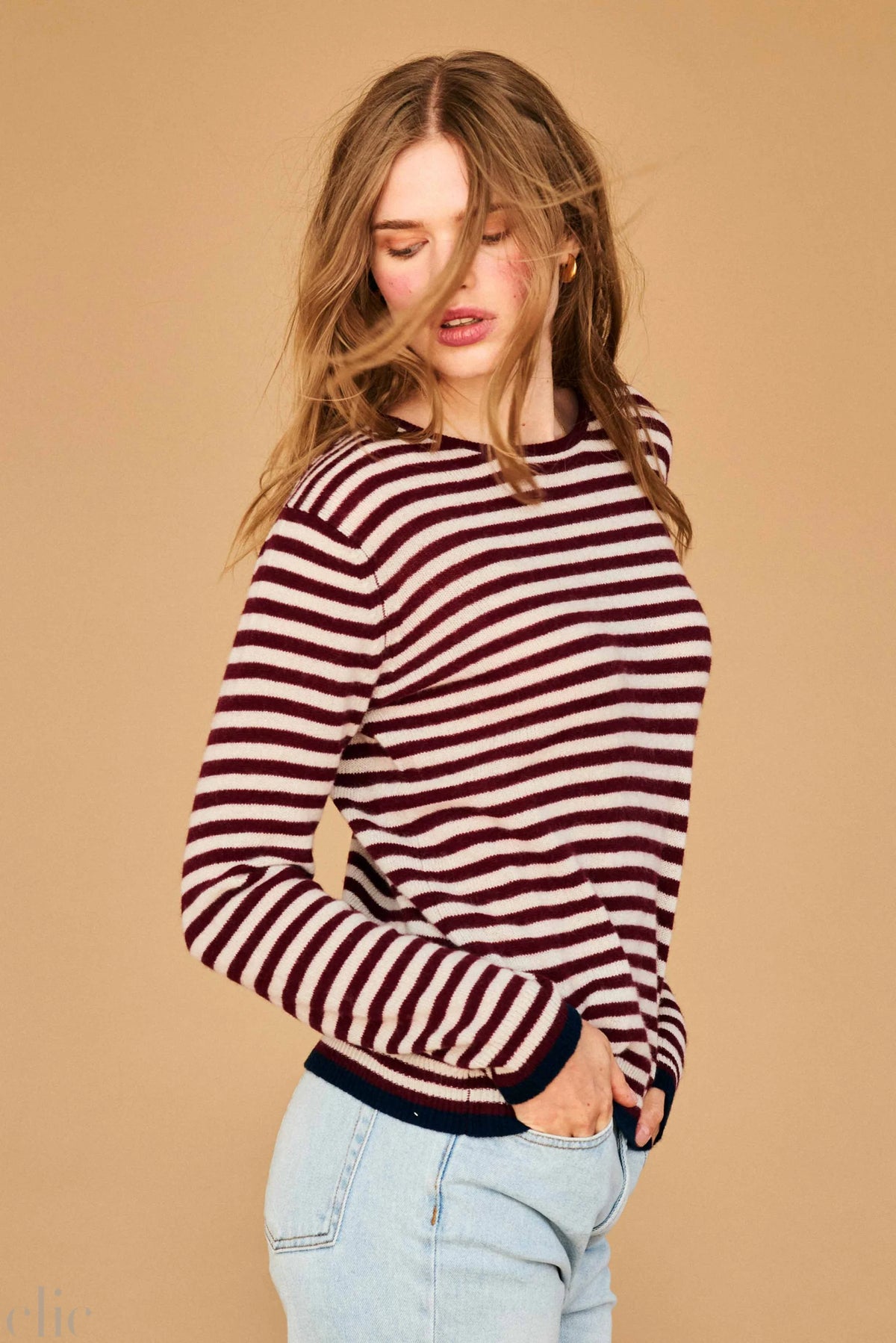 Tipped Little Stripe Crew in Burgundy and Limestone, from Jumper 1234