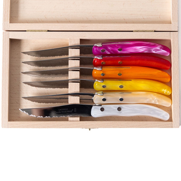 Berlingot set of 6 Steak Knives in Pink and Orange, from Claude Dozorme