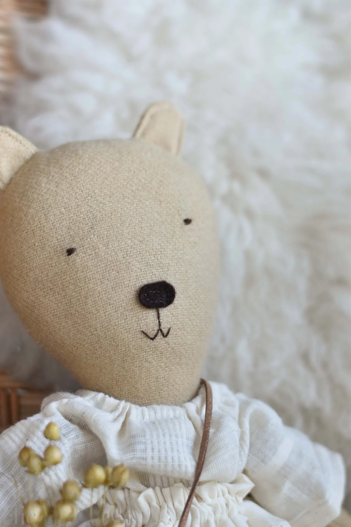 Agatha the Bear Heirloom Wool Doll in Meadow Eyelet Skirt