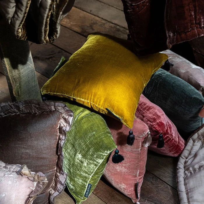 Goa Pompons Cushion in Antic Moss, from Le Monde Sauvage by Beatrice Laval