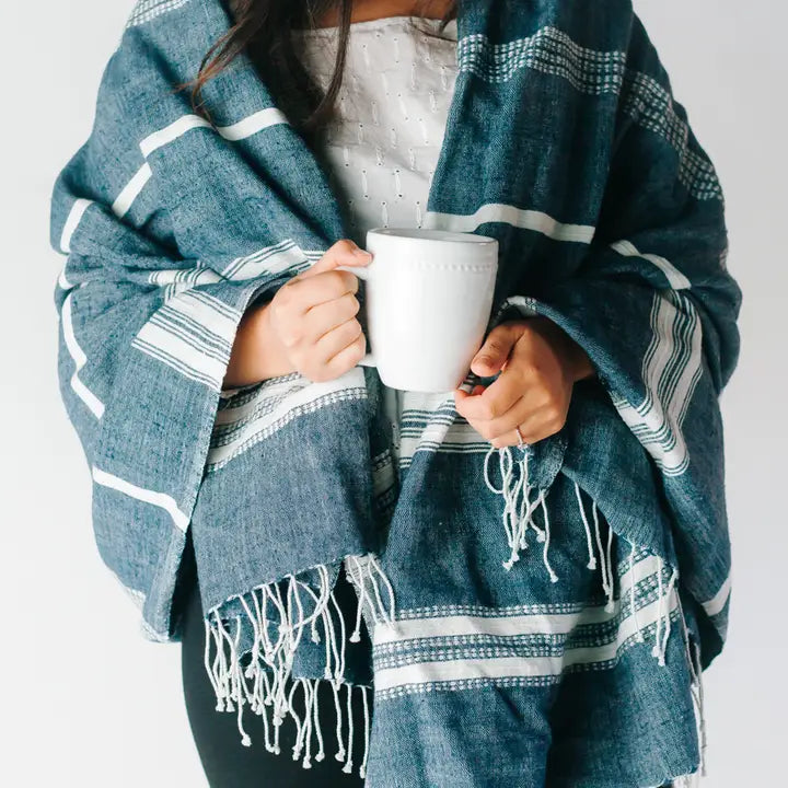 Aden Cotton Throw Blanket in Navy and Natural, from Creative Women